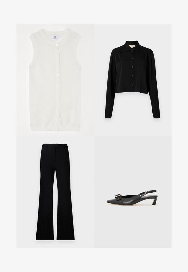 Hvit ermeløs strikkekardigan med mesh-struktur, rund halslinning og fem frontknapper. Enkel og lett design.; Svart forkortet skjorte med lange ermer, spiss krage og knappelukking foran. Laget av glatt stoff med en avslappet passform og oppbrettede ermer.; Sorte vide bukser med jevn tekstur, skreddersydd linning og frontlommer, designet med en slank, moderne silhuett.; Svarte skinn slingback-sko med spiss tå, liten hæl og dekorativ spenne-detalj på overdelen. Glatt tekstur, minimalistisk design.