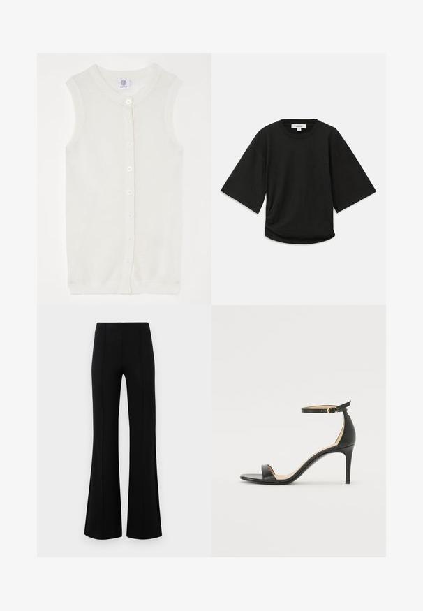 Gilet sans manches en tricot blanc avec une texture en maille, un col rond et cinq boutons à l'avant. Design simple et léger.; T-shirt noir à manches courtes en coton doux, avec un col rond et une coupe décontractée, présentant un discret détail froncé sur le côté.; Pantalons évasés noirs avec une taille haute, fabriqués en tissu extensible. Présente des détails de couture verticaux sur le devant et une texture lisse.; Sandale à talons hauts en cuir noir avec une lanière de cheville. Présente une texture lisse, un bout ouvert et un talon fin. Détail de boucle en ton doré.