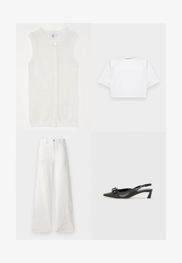 Witte mouwloze gebreide cardigan met een mesh textuur, een ronde halslijn en vijf knopen aan de voorkant. Eenvoudig en lichtgewicht ontwerp.; Gemiddelde witte T-shirt gemaakt van zachte stof, met korte mouwen, een ronde halslijn en geribbelde zoomdetails. Eenvoudig en ongecompliceerd ontwerp.; Witte wijde jeans van denim met zijborduursels en een traditionele vijf-pocketontwerp. Ritsluiting met een knop.; Zwarte leren slingback schoen met scherpe neus, kleine hak en decoratieve gespdetails op de bovenkant. Stijlvolle textuur, minimalistisch ontwerp.
