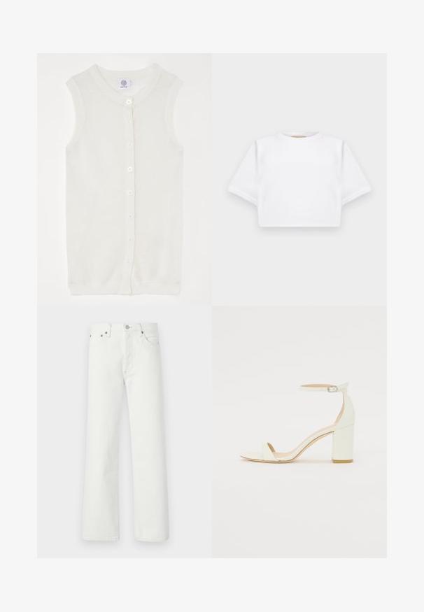 Weißer ärmelloser Strickcardigan mit Netzstruktur, runder Halslinie und fünf Vorderknöpfen. Einfaches und leichtes Design.; Beschnittenes weißes T-Shirt aus weichem Stoff, mit kurzen Ärmeln, rundem Halsausschnitt und gerippten Saumdetails. Einfaches und schnörkelloses Design.; Weiße Jeans im klassischen Schnitt mit geradem Bein, fünf Taschen und metallenen Akzenten am Bund und an den Taschen.; Weißes Leder-Sandale mit Blockabsatz, die ein Knöchelriemen mit einer Schnalle und ein minimalistisches Design aufweist. Offene Zehen und glatte Texturen im gesamten Design.