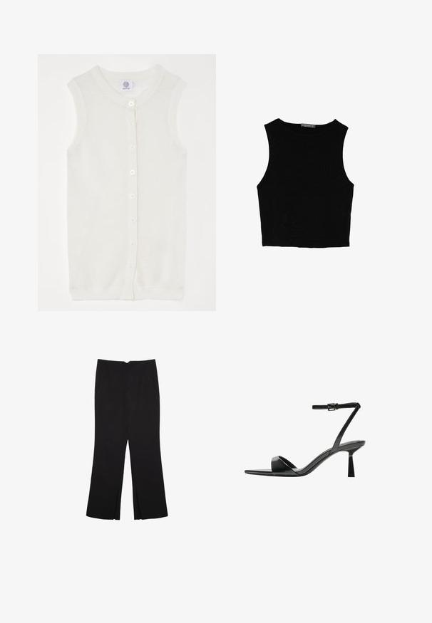 Weißer ärmelloser Strickcardigan mit Netzstruktur, runder Halslinie und fünf Vorderknöpfen. Einfaches und leichtes Design.; Schwarzes ärmelloses Crop-Top aus glattem Stoff, mit rundem Ausschnitt und einem klaren, schlichten Design ohne Muster oder Beschläge.; Schwarze Hose mit geradem Schnitt, ausgestattet mit Fronttaschen und Seitenschlitzen am Saum. Hergestellt aus weichem, glattem Stoff. Geeignet für verschiedene Anlässe.; Bershka High Heel Sandalette - black