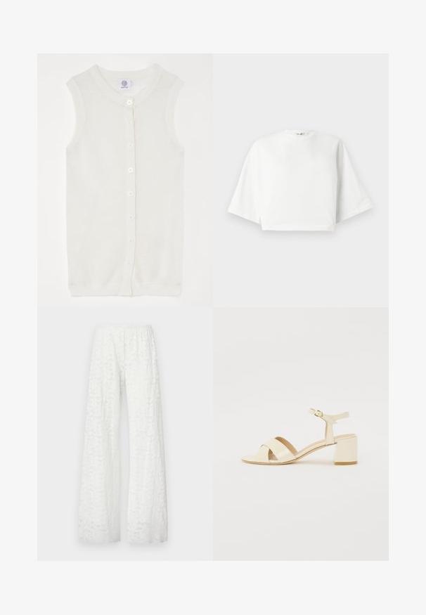 Gilet sans manches en tricot blanc avec une texture en maille, un col rond et cinq boutons à l'avant. Design simple et léger.; T-shirt blanc court à coupe décontractée, manches courtes larges, encolure ronde et fentes latérales, fabriqué en coton doux.; Pantalons larges blancs avec une taille élastique, présentant un motif floral en dentelle texturée sur l'ensemble du tissu.; Sandales à talons en cuir verni beige avec un design à brides croisées, bout ouvert, bride de cheville réglable et un talon carré. Texture lisse.