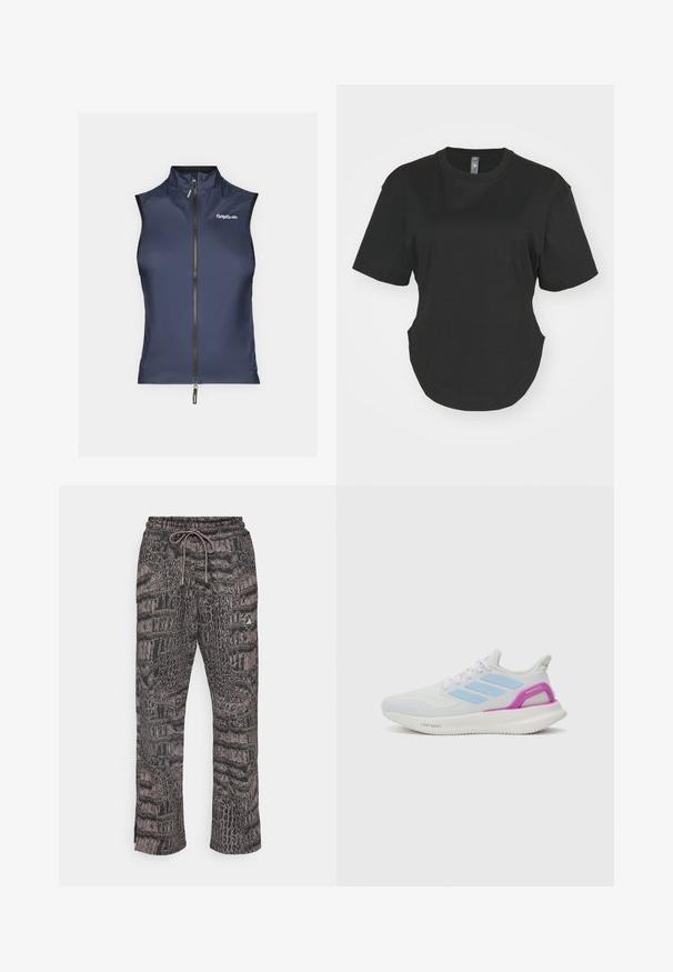 Tengerészkék, ujjatlan mellény magas gallérral, elöl cipzárral és GripGrab logóval a bal oldalon. Simább, könnyű anyag, testhezálló dizájnnal.; Fekete, rövid ujjú póló, pamutból készült. Kerek nyakkivágás, ívelt alj és oldalsó hasítékok jellemzik. Simás textúra, laza szabás.; adidas by Stella McCartney LOOSE - Tréningruha alsók - black/charcoal; adidas Performance PUREBOOST 5 - Utcai futócipők - white/glow blue/purple burst
