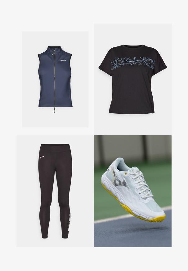 Mornarica bez rukava s visokim ovratnikom, prednjim patentnim zatvaračem i GripGrab logom na lijevoj strani. Glatka, lagana tkanina s prilagođenim dizajnom.; Crna majica kratkih rukava od pamuka s plavim geometrijskim uzorkom i "mizuno" logom preko prsnog dijela. Opušteni kroj.; Crne sportske tajice izrađene od rastezljivog materijala. Imaju uski kroj, visoki struk i bijele detalje s logotipom na lijevoj strani.; Bijela sportska tenisica s teksturiranom mrežastom gornjom strukturom, žutim akcentima na potplatu i aerodinamičnim dizajnom koji uključuje crni detalj s logotipom.
