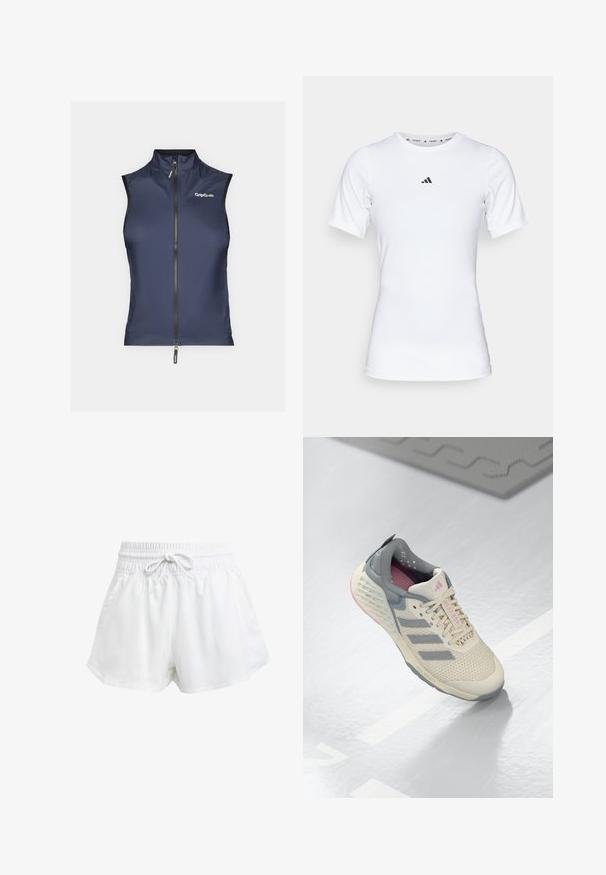 Naviga sinise käistega vest kõrge kraega, ees tõmblukk ja GripGrab logo vasakul küljel. Sile, kergest materjalist kanga, mis on istuv disain.; Valge lühikeste varrukatega sportlik särk, mis on valmistatud siledast ja venivast kangast. Rinnal on väike must Adidas'i logo.; Valged spordilühikesed püksid elastse vöökoha ja reguleeritava paelaga. Valmistatud kergest materjalist, küljetaskudega ja lõdva istuvusega.; Beez atletik kingad hallide aktsentidega, võrkkattega ja tekstureeritud tallaga. Omab kolme halli triipu ja roosa sisekujundusega detaile.