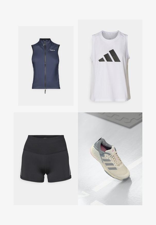 Mornarica bez rukava s visokim ovratnikom, prednjim patentnim zatvaračem i GripGrab logom na lijevoj strani. Glatka, lagana tkanina s prilagođenim dizajnom.; Bijela bezrukava sportska majica s okruglim izrezom, na prednjoj strani ima veliki crni Adidas logo sastavljen od tri pruge.; Crne sportske hlače kratke s visokim strukom, izrađene od rastezljivog materijala. Imaju bijele bočne pruge i flatlock šavove za udobnost.; Bež sportska cipela s sivim naglascima, mrežastim gornjim dijelom i teksturiranim potplatom. Ima tri siva pruga i ružičaste detalje unutar.