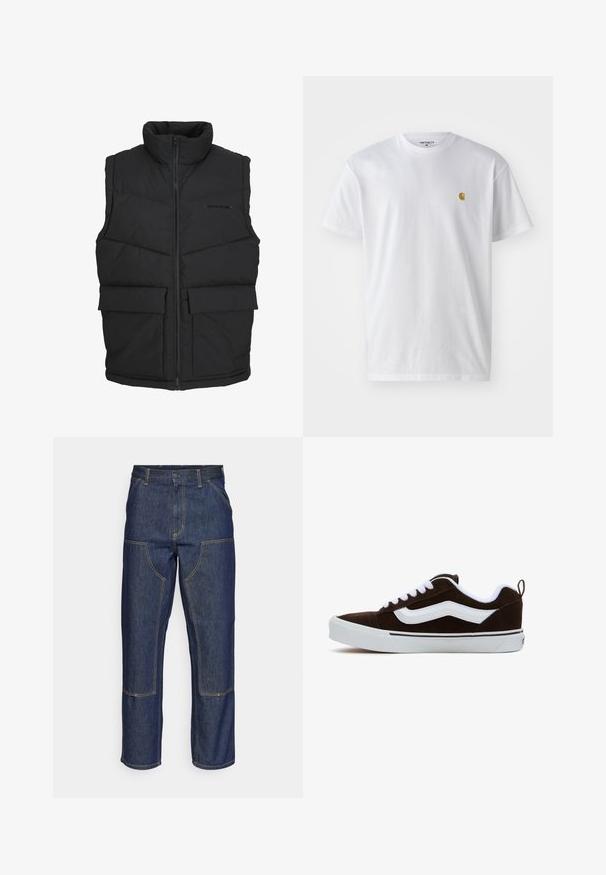 Black puffer vest with high collar, zip front, and two front pockets. Made of quilted fabric, featuring a smooth texture and minimalist design.; White cotton t-shirt with short sleeves, crew neck, featuring a small gold logo on the left chest area. Soft texture and regular fit.; Dark blue denim jeans with a high waist, straight leg design, contrasting stitching, and patch pockets on the front.; Brown suede sneaker with white laces and side stripe, featuring a white rubber sole and black accent line. Simple design with rear pull tab.