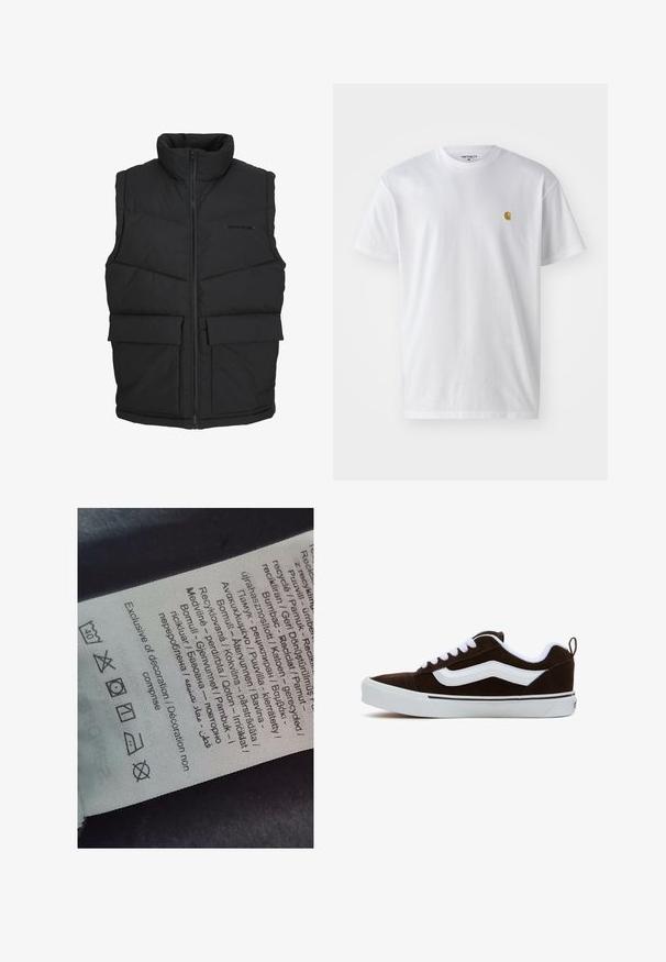 Čierna prešívaná vesta s vysokým golierom, zipsom vpredu a dvoma prednými vreckami. Vyrobená z prešívanej textílie, s hladkou štruktúrou a minimalistickým dizajnom.; Biele bavlnené tričko s krátkymi rukávmi, okrúhlym výstrihom, s malým zlatým logom na ľavej strane hrude. Mäkká textúra a normálny strih.; Štítok s viacjazyčným textom, symbolmi starostlivosti a ikonami recyklácie, vytlačený na jemnom textilnom materiáli svetlej farby.; Hnedé semišové tenisky s bielymi šnúrkami a bočnými pruhmi, s bielou gumovou podrážkou a čiernym kontrastným pruhom. Jednoduchý dizajn so zadným pútkom.