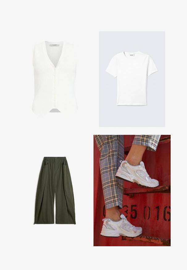 Weißes, geripptes Stricktop mit V-Ausschnitt, mit einer durchgehenden Knopfleiste und einem gewellten Saum. Aus weichem Stoff mit strukturierter Oberflächenbeschaffenheit gefertigt.; Weißes kurzärmeliges T-Shirt aus Baumwolle, mit rundem Ausschnitt und geradem Saum. Minimalistisches Design ohne sichtbare Muster oder Akzente.; Weite Hosen aus olivgrünem Stoff, mit einem elastischen Bund, zwei seitlichen Taschen und einer strukturierten Oberfläche.; Weiße Mesh-Sneaker mit silbernen Akzenten und einer strukturierten Sohle, platziert auf einer roten Oberfläche, kombiniert mit karierter Hose.