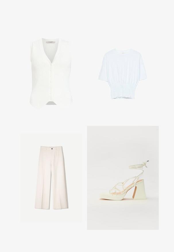 Valkoinen ribattu neuleliivi V-pääntiellä, jossa on napitus edessä ja aaltoileva helma. Valmistettu pehmeästä kankaasta, jossa on teksturoitu pinta.; Valkoinen lyhythihainen t-paita, jossa on rento leikkaus ja frillattu tekstuuri vyötäröllä. Valmistettu pehmeästä, kevyestä kankaasta.; Kerman leveletut housut räätälöidyllä designilla, joissa on kaksi etutaskua ja yksi etunapituksilla, valmistettu sileästä kankaasta.; Valkoinen korkokenkä, jossa on paksu korko, ja joka sisältää nauhakiinnityksen ja nilkkaketjun. Sujuva pinta, jossa on platform-etupohja lisäkorkeutta varten.