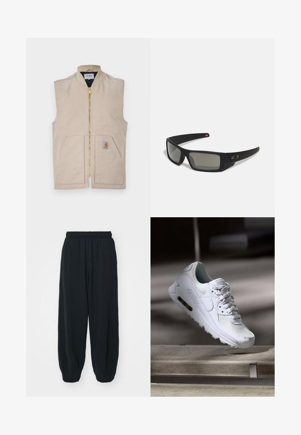 Bežinė liemenė su aukštu apykakle, priekiniais užtrauktuko uždarymais, dviem didelėmis kišenėmis ir mažuoju logotipo ženklu kairėje pusėje. Pagaminta iš patvarios medžiagos.; Juodas medvilninis džemperis su apvalia iškirpte, ilgomis rankovėmis ir mažu baltu „Nike“ logotipu viršutinėje kairėje krūtinės pusėje.; Juodi, su elastiniu juosmeniu sportiniai kelnės su laisvu siluetu, suapvalintais kulkšnimis, lygia tekstūra ir be matomų raštų ar metalinių akcentų.; Baltos Nike Air Max 90 sportbačiai su.comi ir odos viršumi, perforuota pirštų dėžute ir matomu oro pagalvėle kulne.; Juodi akiniai saulės su matinio paviršiaus užbaigimu, stačiakampiai lęšiai, švelnus lenkimas ant šventyklų, subtilus logotipo detalizavimas ir dūminiai lęšiai.