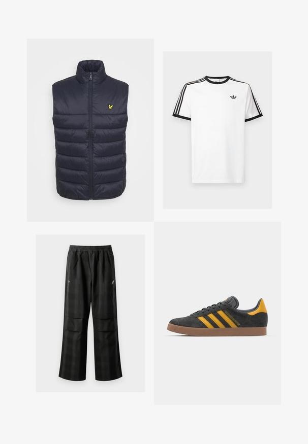 Navy padded vest with a high collar, front zipper, and horizontal stitching. Features a small yellow logo on the left chest area.; White cotton t-shirt with black ribbed neckline and sleeves, featuring three black stripes on each shoulder and a small logo on the chest.; Black plaid pants featuring an elastic waistband, two front pockets, and a loose fit with a straight leg design. Made from lightweight material.; Black suede sneaker with yellow accents, featuring three stripes and a brown rubber sole. Includes a padded tongue for comfort.