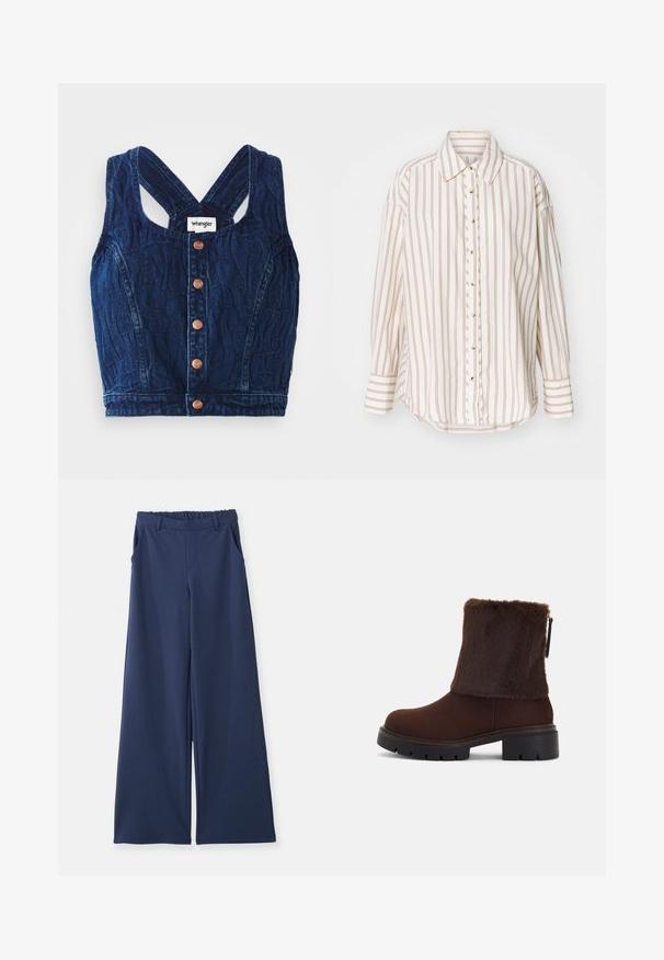 Top cropped in denim con tessuto blu scuro testurizzato, con chiusura a bottoni sul davanti e spalline incrociate sul retro. Bottoni in rame aggiungono un tocco di design.; Camicia a righe in crema e marrone chiaro, con chiusura a bottoni sul davanti, colletto e maniche lunghe con orlo leggermente curvo.; Pantaloni a gamba larga blu navy con vita elasticizzata, passanti per cintura e tasche laterali, mostrati piatti su uno sfondo bianco.; Stivale alla caviglia marrone con un fascio di morbida pelliccia sintetica, tacco a blocco e suola in gomma texturizzata. Chiusura con zip laterale e dettaglio cucito attorno alla base.