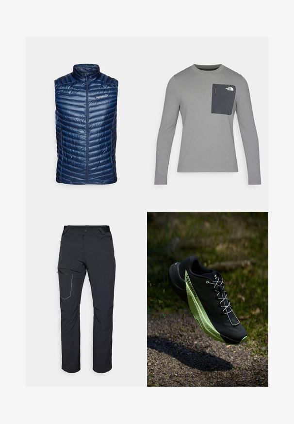 Norrøna TROLLVEGGEN SUPER LIGHT VEST - Veste - indigo night; Garais krekls ar garām piedurknēm un teksturētu audumu, ar tumši pelēku krūšu kabatu un rāvējslēdzēju. Uz kabatas ir balts logo.; Melni āra bikses ar rāvējslēdzēja sānu kabatu, elastīgu jostasvietu un gludu, ūdensizturīgu audumu. Tīra dizaina bez redzamām emblēmām.; Melna sporta kurpe ar tekstūrētu virsmu un zaļiem akcentiem. Iezīmējas ar vieglu konstrukciju un unikālu, rakstainu zoli, kas nodrošina saķeri.