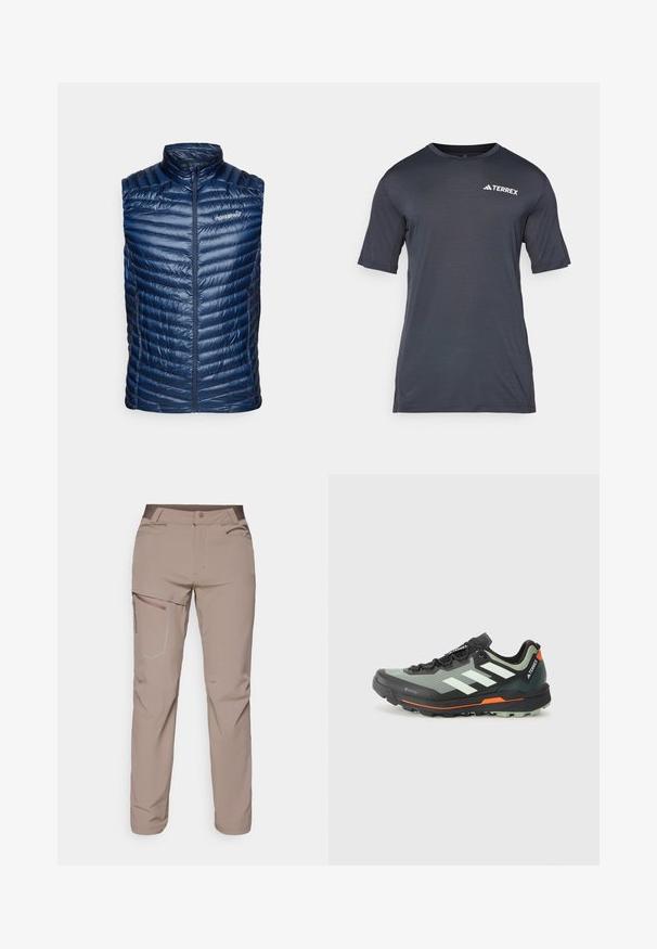 Norrøna TROLLVEGGEN SUPER LIGHT VEST - Veste - indigo night; Tumši pelēks īsām piedurknēm t-krekls, kas izgatavots no viegla, elpojoša materiāla. Iezīmēts ar apaļu kakla izgriezumu un baltu "TERREX" logo priekšā.; Salomon WAYFARER PANTS - Āra bikses - iron; Viegls taku skriešanas apavs ar pelēku un melnu sieta augšdaļu, oranžiem akcentiem un izturīgu zoli, kas nodrošina saķeri. Ūdensizturīga Gore-Tex oderējums.