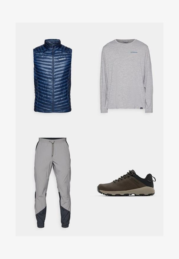 Norrøna TROLLVEGGEN SUPER LIGHT VEST - Vestă - indigo night; Tricou cu mânecă lungă de culoare gri deschis, realizat dintr-un material moale și texturat. Are un gât rotund și un mic logo al brandului Patagonia de culoare albastră pe piept.; Pantaloni sportivi ușori, gri, cu accente negre. Talie elastică, închidere cu șnur, design cu picior tapered și buzunare laterale.; Adidași impermeabili maro, cu un superior texturat, accente perforate, suport pentru călcâie negru și o talpă din cauciuc gri. Șireturile au vârfuri metalice.