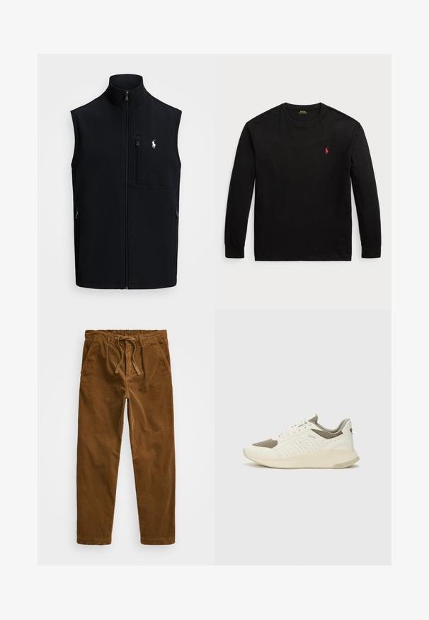 Μαύρο αμάνικο γιλέκο από μαλακό ύφασμα, με ψηλό γιακά, κλείνει μπροστά με φερμουάρ και διαθέτει τσέπη στο αριστερό στήθος με λογότυπο. Δύο πλευρικές τσέπες.; Μαύρο μπλουζάκι με μακριά μανίκια από βαμβάκι. Διαθέτει στρογγυλή λαιμόκοψη, ριγωτές μανσέτες και ένα μικρό κόκκινο κεντητό λογότυπο στο στήθος. Λείο υφή.; Καφέ παντελόνι από χοντρή φανέλα με ελαστική μέση και κορδόνι, πλευρικές τσέπες και ίσια πόδια με υφή ραβδώσεων.; Λευκό και ανοιχτό μπεζ αθλητικό παπούτσι, με επάνω μέρος από διχτυωτό υλικό, διακοσμήσεις με περφορέ και υφή στην ενδιάμεση σόλα με επωνυμία στη φτέρνα.