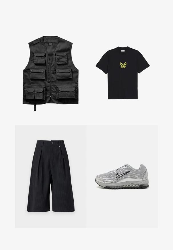 Svart väst i lätt material med sex framfickor, en framdragkedja och en knappstängning på vänster axel.; Svart bomulls t-shirt med en liten, gul flammönstrad fjärilsgraphic på bröstet. Rundad halsringning, korta ärmar.; Svarta randiga shorts med veck, knappstängning och metallring som accent. Slät tyg med skräddarsydd passform och knälång design.; Grå Nike Air Max sneakers med en överdel i mesh och syntetmaterial, vågmönster, svarta detaljer och en synlig luftkuddenhet.