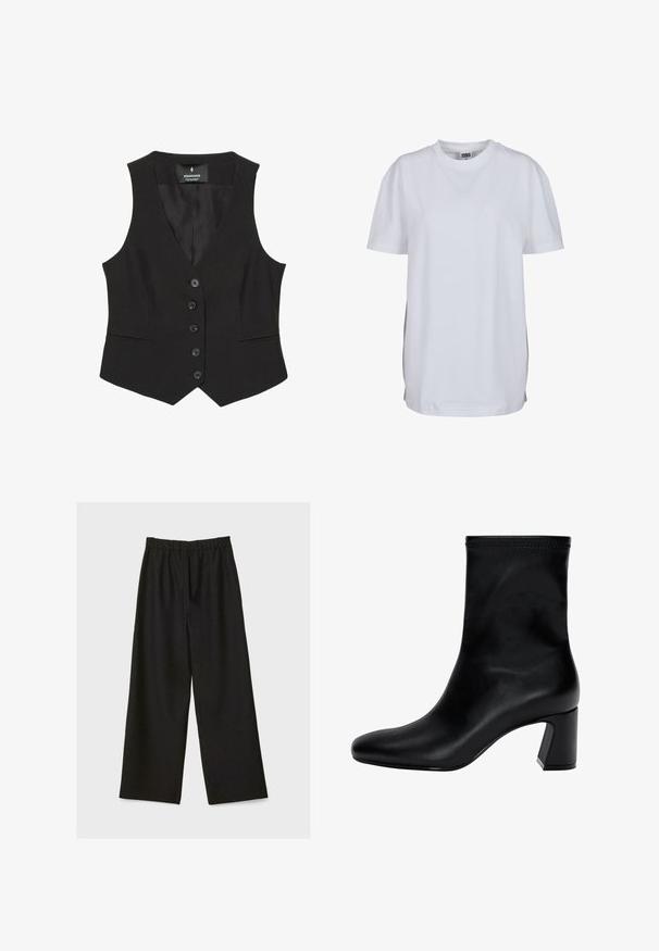Czarna kamizelka dopasowana z dekoltem w serek, z sześcioma guzikami z przodu i dwoma bocznymi kieszeniami, wykonana z gładkiego materiału. Klasyczny, usztywniony krój.; Biała koszulka z krótkim rękawem z bawełny, z okrągłym dekoltem i luźnym krojem, bez widocznych wzorów czy grafik.; Czarne spodnie szerokie w nogawkach z elastyczną talią, wyeksponowane na jasnym tle.; Czarny botek na kostkę wykonany z gładkiej skóry. Posiada kwadratowy czubek, elastyczny górny brzeg oraz masywny obcas zapewniający stabilność. Minimalistyczny design.