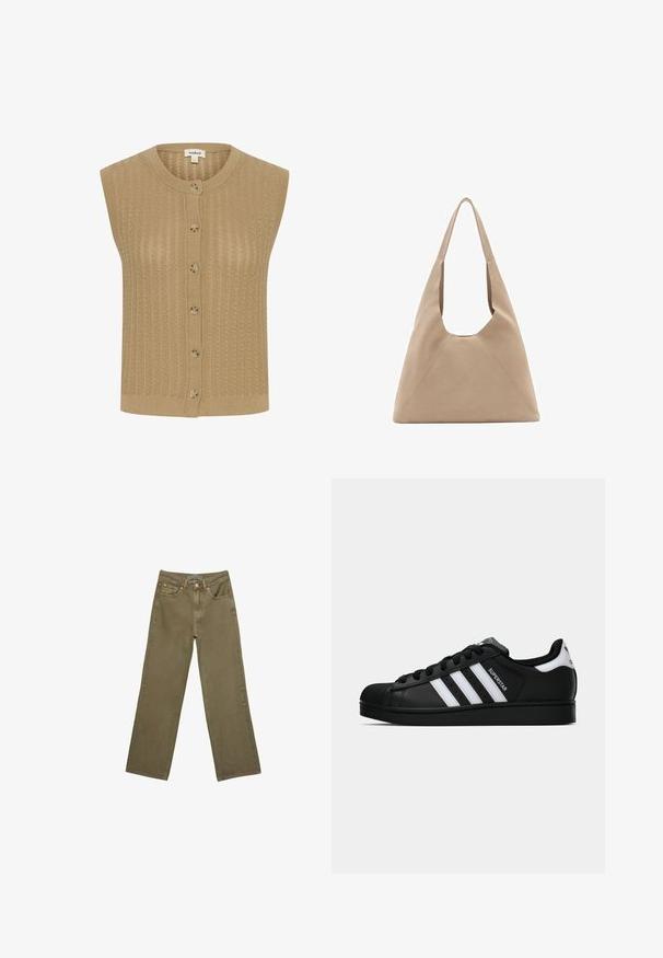 Beżowy bezrękawnik dzianinowy z okrągłym dekoltem, z przodem zapinanym na guziki i teksturowym wzorem z pionowymi liniami.; Ciemnoszara koronkowa kardigan z długim rękawem, zapinany na guziki, z kwiatowym wzorem oraz falbaniastymi brzegami u mankietów i na dole.; Biała koszulka z krótkim rękawem i okrągłym dekoltem, wykonana z miękkiej bawełny, charakteryzująca się prostym, czystym wzorem bez widocznych zdobień ani akcentów.; Oliwkowe dżinsy typu wide-leg wykonane z bawełny o mocnej fakturze. Posiadają zamek błyskawiczny, pięć kieszeni oraz kontrastowe szwy w okolicy pasa.; Czarne sneakersy Adidas Superstar z białymi paskami, noskiem w kształcie muszli i napisem "Superstar" na boku, zaprezentowane w profilu bocznym na białym tle.; Beżowa torba na ramię z unikalnym trójkątnym kształtem, szerokimi ramiączkami oraz widocznymi detalami szwów, które dodają struktury.
