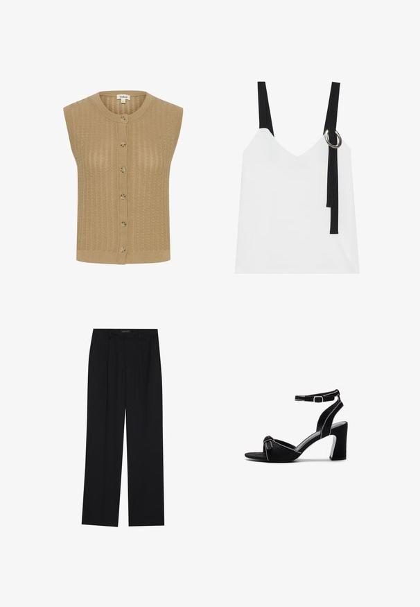 Cardigan tricotat bej fără mâneci, cu guler rotund, închidere frontală cu nasturi și model texturat cu linii verticale.; Top alb fără mâneci, cu decolteu în V, având bretele negre și un detaliu cu inel argintiu. Țesătură netedă și un design modern, minimalist.; Pantaloni negri cu un design drept, dotati cu doua buzunare frontale si un talie. Fabricati dintr-un material usor si neted.; Sandale cu toc din suede negru, cu toc bloc larg, curea ajustabilă pentru glezne, design cu vârf deschis și detalii cusute în contrast.