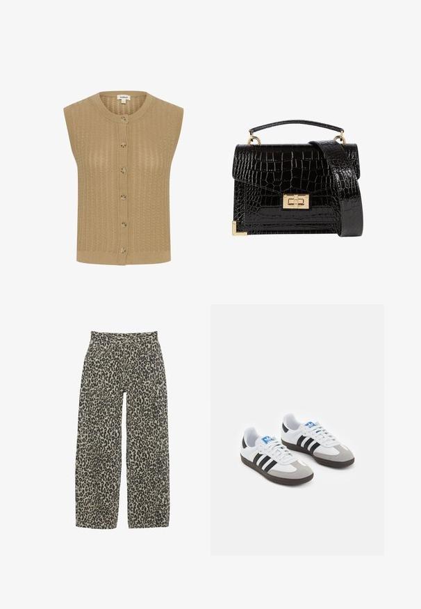 Cardigan senza maniche beige in maglia con scollatura tonda, chiusura frontale con bottoni e motivo testurizzato con righe verticali.; Tessuto di cotone nero con una texture liscia e scollatura rotonda, caratterizzato da un motivo a grana sottile e uniforme. Nessun logo o accento visibile.; Pantaloni a gamba larga con stampa leopardata in una combinazione di colori beige e nera neutra. Presentano un'alta vita, cinque tasche e chiusura con bottone.; Scarpe sportive con tomaia in pelle bianca, punta in suede grigia e tre strisce nere. Presentano un logo blu sulla linguetta e una suola in gomma testurizzata.; Borsa a tracolla nera in pelle verniciata con texture a coccodrillo, hardware dorato, manico superiore e una tracolla removibile. Forma rettangolare con chiusura a patta.