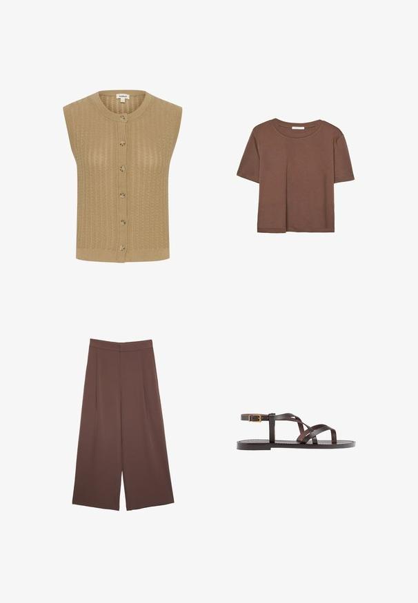 Beige ärmellose Strickweste mit Rundhalsausschnitt, Knopfleiste und strukturiertem Muster mit vertikalen Linien.; Braunes, kurzärmliges T-Shirt aus weichem Material mit rundem Halsausschnitt und lockerer Passform. Keine sichtbaren Muster oder Akzente.; Braune Weite-Leg-Hosen mit einer glatten Textur, hoher Taille und Vorderfalten. Der Stoff ist leicht und fällt locker.; Braune Leder-Sandale mit überkreuzten Riemen, einem Knöchelriemen mit Schnalle und einer flachen Sohle mit minimalen Nähdetails.