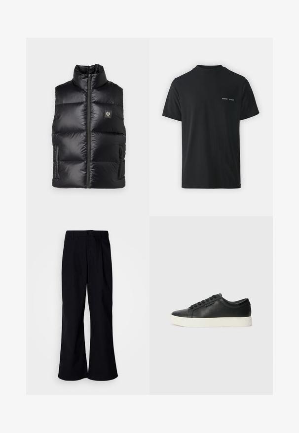 Belstaff RESOLVE GILET - Veste - black; Melnās kokvilnas T-krekls ar klasisku apaļu kaklu, īsām piedurknēm un diviem maziem baltiem "SAMSØE" logotipiem uz kreisā krūšu.; Melnas platās bikses, kas izgatavotas no kokvilnas, ar priekšējo krokumu, ar pogu aizdari un jostas cilpām, gluda tekstūra un bez redzamām rakstām.; Melnas ādas sporta kurpes ar perforētu tekstūru, apaļu purngalu un plakanu baltu gumijas zoli. Ar melniem šņorējumiem un smalku logo sānos.