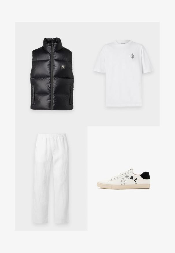 Belstaff RESOLVE GILET - Strukirani kaput - black; Bijela pamučna majica s opuštenim krojem, s malim crnim grafičkim logotipom na lijevoj prečki. Kratki rukavi, okrugli izrez.; Bijele lanene hlače s elastičnim pojasom, ravnim krojem i mekanom teksturom bez vidljivih uzoraka ili metalnih detalja.; Bijele kožne tenisice s crnim naglascima na peti, s odvažnim crnim natpisima sa strane i gumenim potplatom. Minimalistički dizajn.
