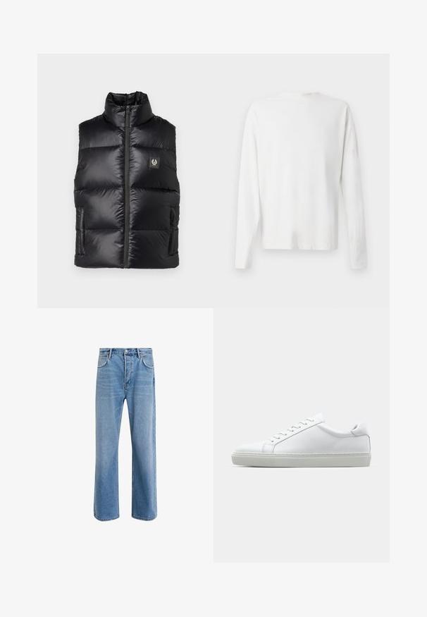 Belstaff RESOLVE GILET - Väst - black; Vit långärmad skjorta i bomull med rund halsringning, sidofickor längst ner och en slät yta, visad bakifrån.; Ljust blå denimjeans med rak passform, fem fickor, knappstängning, minimal blekning och kontrasterande sömdetaljer.; Vit sneaker med en slät läderövre och låg profil. Har en rundad tå, sex snörhål och en strukturerad gummisula.