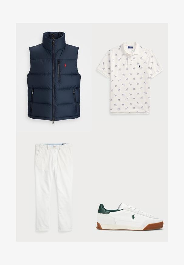 Polo Ralph Lauren THE GORHAM DOWN GILET - Veste - collection navy; Balta polo krekls, kas izgatavots no kokvilnas, ar atkārtotu zilu suņu rakstu un mazu zilu logo uz krūšu daļas. Īsas piedurknes un apkakle.; Baltās kokvilnas chinos bikses ar gludu priekšu, jostu cilpām, divām sānu kabatām un vienu aizmugures kabatu. Gluda tekstūra ar taisnu kāju.; Baltas sporta apavi ar zaļiem ādas akcentiem un brūnu gumijas zoli. Iezīmēts ar auduma virsmu un izteiktu logotipu sānos. Ar auklām.