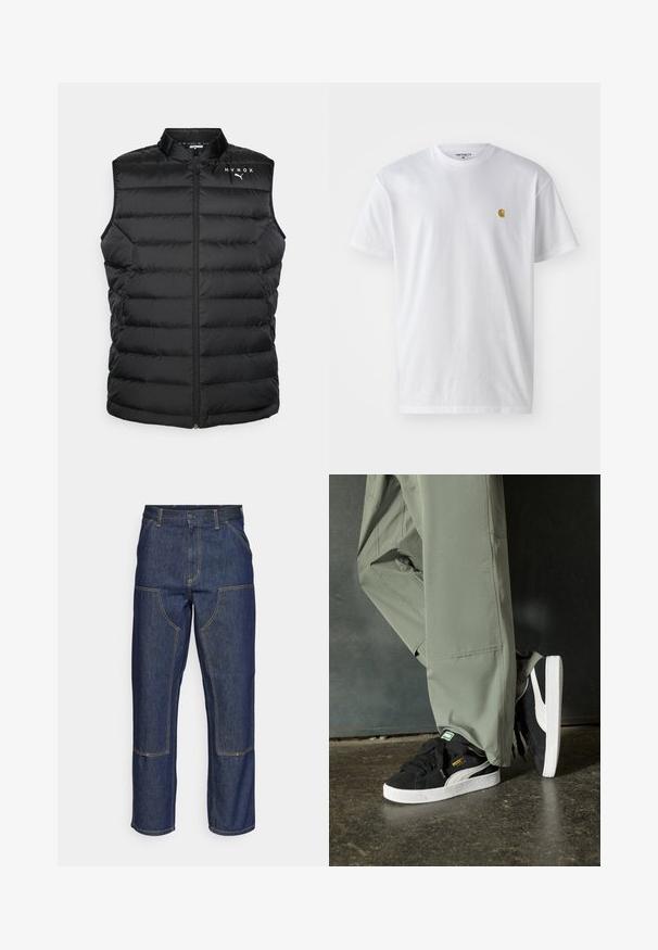 Crni puhovski prsluk s uspravnim ovratnikom, vertikalnim kvadratnim dizajnom, punim zatvaračem i HYROX brendiranjem na prsima. Lagani materijal.; Bijela pamučna majica kratkih rukava s okruglim izrezom, sa malim zlatnim logotipom na lijevoj strani prsnog koša. Mekana tekstura i standardni kroj.; Tamno plave traperice s visokim strukom, ravnog kroja, kontrastnim šavovima i otvorenim džepovima sprijeda.; Crne nubuk tenisice s bijelim gumennim potplatima i bočnim trakama, uparene s svijetlozelenim cargo hlačama, stoje na teksturiranoj tamnoj površini.