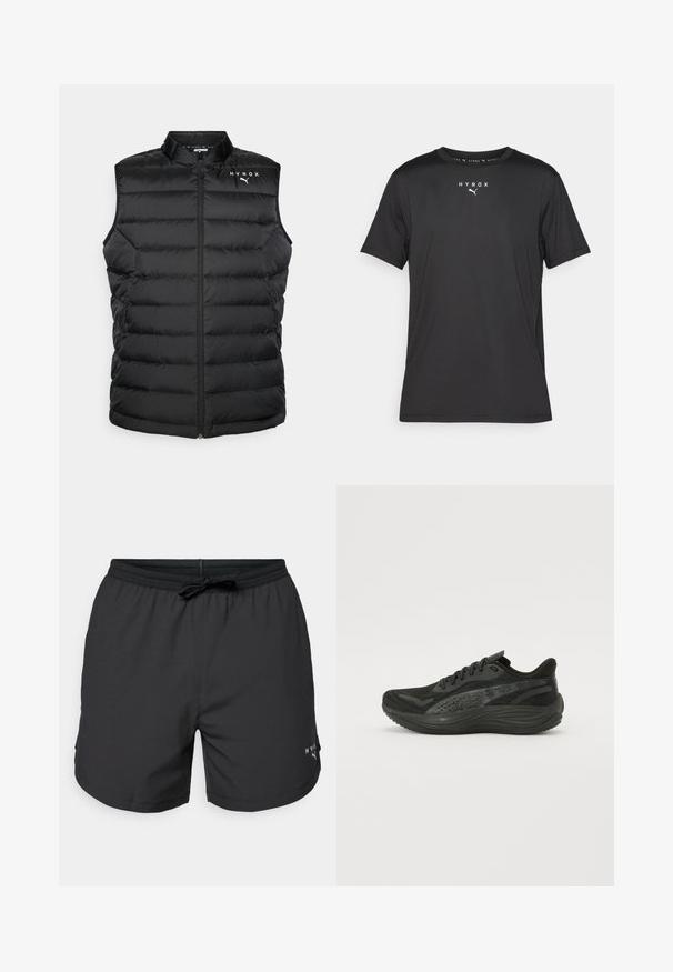 Svart pufferväst med ståkrage, vertikalt kviltad design, fullängdsdragkedja och HYROX-logotyp på bröstet. Lätt material.; Svart sportt-shirt med korta ärmar gjord av lättviktigt material. Har rundad halsringning och tryckt "HYROX"-logotyp med Puma-emblem på framsidan.; Svarta simshorts med elastisk midja och dragsko. Lättviktsmaterial med sidofickor. Har en liten logotyp vid fållen.; Svart atletisk sko med en texturerad mesh-övre del, platta snörningar och en dämpad sula med subtila reflektiva detaljer.