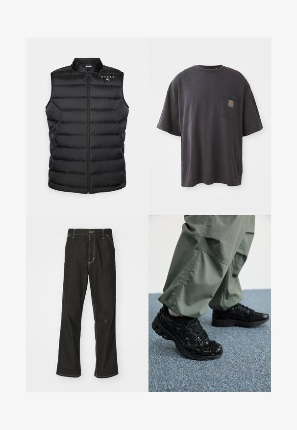 Colete puffer preto com gola alta, design com quilt vertical, fecho de correr de comprimento total e marca HYROX no peito. Material leve.; T-shirt de algodão preto com mangas curtas, decote redondo e bolso no peito esquerdo com um emblema quadrado. Design simples e sem adornos.; Calças de ganga pretas de corte largo, com costuras brancas em contraste, fecho de botão e design de perna reta.; Sapatilhas desportivas pretas com texturas brilhantes e de malha, apresentando uma sola grossa e atacadores, combinadas com calças cargo largas de cor verde-oliva.