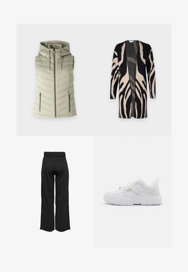 Padded bezrukavnik u svijetlozelenoj boji s kapuljačom, s horizontalnim šavovima, prednjim zatvaranjem na patentni zatvarač i dva bočna džepa na patentni zatvarač.; Dugi kardigan izrađen od mekanog materijala, s crno-bež zebraste uzorke. Otvorenog kroja sprijeda, s dugim rukavima i opuštenim fitom.; Bijela rebrasta majica bez rukava s okruglim izrezom i skraćenom dužinom. Na etiketi piše "JJXX." Glatka tekstura tkanine.; Crne hlače širokih nogavica s elastičnom waistbandom, izrađene od glatkog materijala. Imaju jednostavan dizajn bez džepova ili vidljivih šavova.; Bijele tenisice s masivnim dizajnom, izrađene od kože i sintetičkih materijala, s teksturiranim detaljima, vezicama i istaknutim zlatnim logotipom.