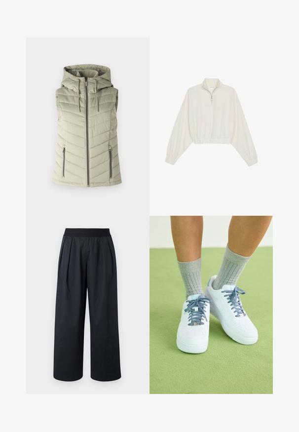 Padded sleeveless vest in light green with a hood, featuring horizontal stitching, front zipper closure, and two side zip pockets.; Cropped pullover in cream fabric, featuring a high collar, half-zip closure, elasticated hem and cuffs, with a smooth texture and minimal design.; Black wide-leg pants with a pleated front, elastic waistband, and smooth fabric texture. Features a loose fit and cropped length.; White leather sneakers with blue accents, perforated toe design, and textured blue-and-white laces, worn with gray ribbed socks.