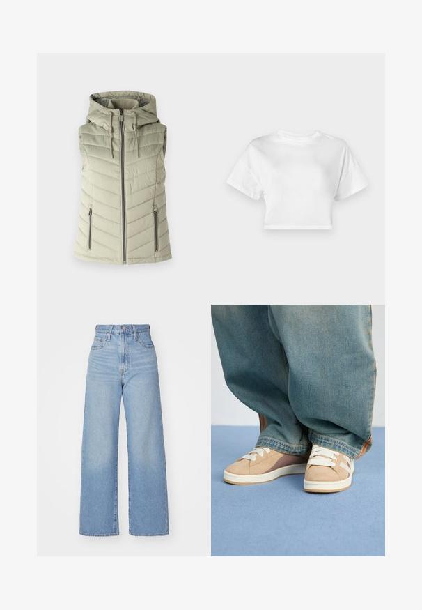 Colete acolchoado sem mangas em verde claro com capuz, apresentando costura horizontal, fecho de correr na frente e dois bolsos laterais com fecho de correr.; Camiseta cropped branca em algodão. Mangas curtas, decote redondo, textura suave, design casual sem padrões ou embellishments.; Jeans de cintura alta e perna larga em azul claro, com fecho frontal de botão e zíper, bolsos frontais e traseiros, sobre um fundo branco.; Sapatilhas bege em materiais de camurça e tecido, com atacadores brancos, realces castanho claro e uma sola texturizada. Usadas com calças de ganga azul largas.