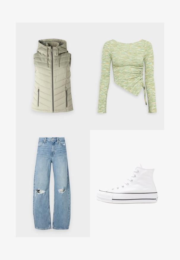 Gepolsterte ärmellose Weste in Hellgrün mit Kapuze, ausgestattet mit horizontalen Nähten, einem Reißverschluss vorne und zwei seitlichen Reißverschlusstaschen.; Langarmshirt aus strukturiertem mintgrünem und gelbem Stoff, mit einem asymmetrischen Schnitt, seitlicher Raffung und Bindebändern am Saum.; Helles, hochtailliertes Jeans aus Denim. Hat weit geschnittene Beine, zwei aufgerissene Kniebereiche und klassischen Fünf-Taschen-Stil.; Weiße hochwertige Leinensneaker mit schwarzer Gummisohle, vorderem Gummizehenschutz und sechs Ösen für Schnürsenkel, die ein sauberes, minimalistisches Design aufweisen.