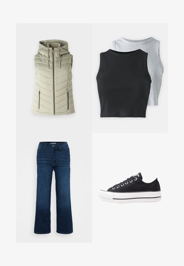Padded sleeveless vest in light green with a hood, featuring horizontal stitching, front zipper closure, and two side zip pockets.; Even&Odd Petite 2 PACK - Top - light grey/black; ONLY Petite ONLMADISON BLUSH WIDE - Wide Leg - dark blue denim; Black canvas sneaker with white rubber sole, round toe, low-top design, metal eyelets, and a textured toe cap. Thin black stripe along the sole.