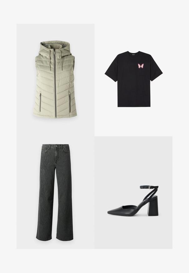 Wypełniona bezrękawnik w jasnym zielonym kolorze z kapturem, z poziomymi szwami, z zamkiem błyskawicznym z przodu oraz dwoma kieszeniami na zamek po bokach.; Czarny bawełniany t-shirt z krótkim rękawem, z małym różowym motylkiem na lewej piersi. Klasyczny dekolt z luźnym fasonem.; Jeans o szerokich nogawkach w ciemnoszarym denimu, z subtelną fakturą w zebry, kontrastowym przeszyciem i pięci Pocket designem z zapinaniem na guzik.; Czarne skórzane czółenka z ostrym noskiem, z paskiem na kostce i grubym obcasem. Gładka faktura, elegancki design i minimalistyczna estetyka.