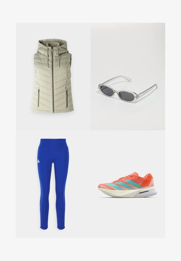 Vesta fără mâneci, căptușită, de culoare verde deschis, cu glugă, care prezintă coasere orizontale, sistem de închidere cu fermoar frontal și două buzunare laterale cu fermoar.; Tricou athletic scurt, cu maneci scurte, de culoare albastră, cu un guler rotund; fabricat dintr-un material ușor; prezintă un logo Adidas alb pe umărul stâng.; Leggings atletice albastre cu talie înaltă, realizate dintr-un material elastic, având un logo alb pe șoldul stâng și tivuri discrete.; Pantof cu alergare cu un superior din plasă respirabilă în nuanțe de corai și aqua, având trei dungi, o talpă amortizată și un design elegant.; Ochelari de soare cu formă ovală, ramă din plastic transparent, lentile gri închis și brațe subțiri transparente cu accente de logo și detalii minime.