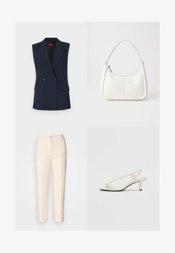 Merevaigustatud sinine ilma varrukateta bleiser topelt-nupudega, eestaskud ja teravad kraed. Sile kangas peene läikega ja logo silt.; Valge lühikeste laiadte varrukatega lühike T-särk, pehme puuvillane materjal, ümar kaelus kergelt oranži ääristusega, minimaalne disain, ilma mustrite ja graafikateta.; Kreemikas värvi kõrge vöökohaga püksid, mis on valmistatud tekstureeritud kangast. Omab esFront nuppude sulgemist ja kitsenevaid jalgu.; Beez blok-kandadesed õhukeste rihmadega ja ruudukujulise varbaga. Sile materjal minimaalsete detailidega, kujundatud mugavaks kandmiseks.; Valge nahast käekott, millel on kumer kuju, esiküljel on reljeefne "CK" logo ja üks õlavarre rihm. Ülemine tõmblukkuu.