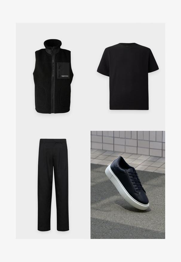 Svart fleecevest med høy krage, full front glidelås og glidelåslomme på brystet. Har glatte stoffdetaljer og sidelommer.; Svart T-skjorte med korte ermer laget av teksturert stoff, med rund halslinning og en avslappet passform. Enkel, uten mønstre eller detaljer.; Sorte bukser laget av glatt stoff, med rette ben, to frontfoldninger og standard liv med beltehemper.; Sorte skinnsneakers med rund tå og hvit gummisåle. Har flate lisser og minimal søm på overdelen. Strukturert såle for grep.