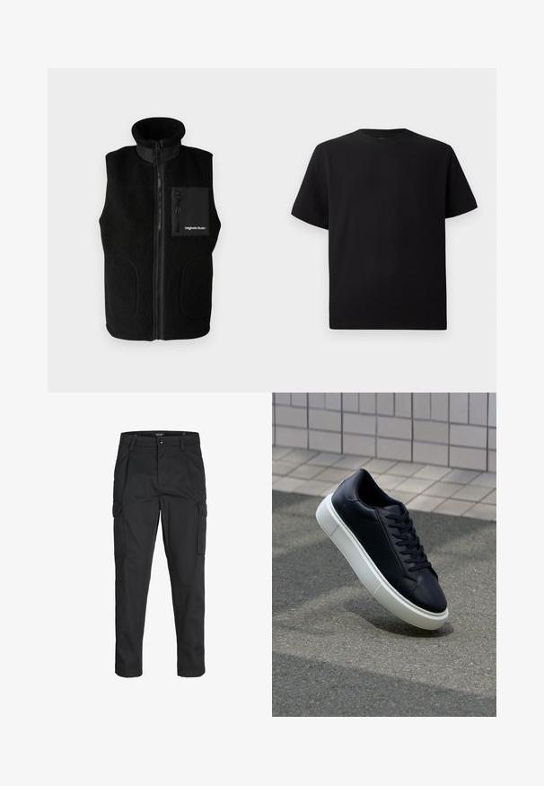 Gilet in pile nero con colletto alto, zip frontale integrale e tasca sul petto con zip. Include accenti in tessuto morbido e tasche laterali.; T-shirt corto nero a maniche corte realizzato in tessuto testurizzato, con scollatura rotonda e vestibilità comoda. Semplice, senza motivi o dettagli.; Pantaloni cargo neri realizzati in un tessuto resistente, dotati di molteplici tasche, chiusura con bottone e un design aderente con gambe affusolate.; Sneaker in pelle nera con punta arrotondata e suola in gomma bianca. Presenta lacci piatti e cuciture minime sulla parte superiore. Suola testurizzata per una migliore aderenza.