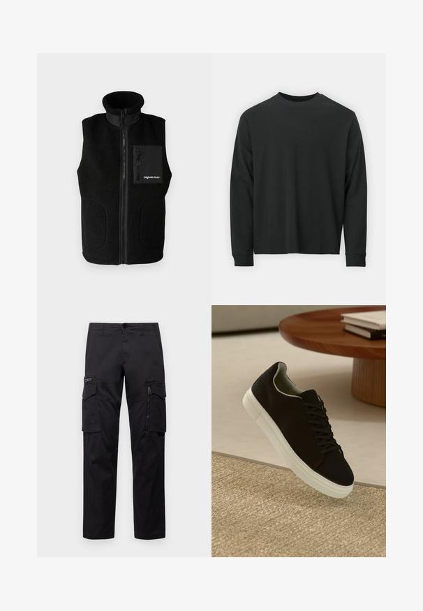 Juodas vilnonis liemens apklotas su aukštu apykaklė, visiškai užtraukiama priekinė dalis ir užtraukiama krūtinės kišenė. Apima lygius audinio akcentus ir šonines kišenes.; Ilga melsva juoda marškinėliai, pagaminti iš medvilnės, su apvaliu iškirpimu, laisvu siluetu ir ripsuota apykakle. Lygus paviršius be matomų raštų.; Juodos krovinių kelnės, turinčios kelis kišenes, užtrauktuku uždaromą kišenę ant šlaunies, tiesaus kirpimo ir tvirtos medvilnės audinys su nežymiu blizgesiu.; Juodas sportinis batelis su baltu padu, lekiančius virš smėlio spalvos tekstūruoto kilimo šalia apvalaus medinio stalo su sukrautomis knygomis.