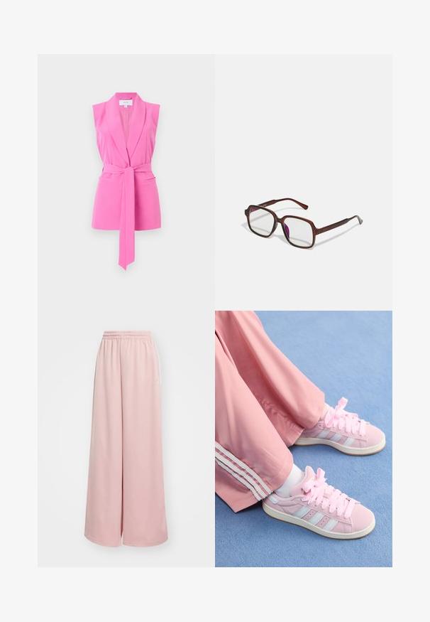 Růžový bezrukávový blejzr s šálovým límcem, páskem na zavázání a dvěma předními kapsami. Vyrobeno z hladké látky s upraveným střihem.; Mikina s dlouhým rukávem a kulatým výstřihem z tmavohnědé bavlny. Hladká textura, rovný lem a boční rozparky na spodní části.; Světle růžové kalhoty s širokými nohavicemi a elastickým pasem. Hladká tkanina s bočními kapsami a decentním značkováním na levé nohavici.; Růžové sportovní boty se světle modrými pruhy, kulatá špička a silné růžové tkaničky, spárované s růžovými tepláky se bílými bočními pruhy.; Hnědé, obdélníkové brýle s průhlednými skly a fialovými odstíny. Hladký plastový rám s rovnými nohami a jemnými akcenty.; Žlutá lakovaná kabelka s zaobleným tvarem, jedním horním uchopem a stříbrnou logovou destičkou. Obsahuje zipové zavírání a hladký povrch.; Zlatý prsten s velkým designem "M", ozdobený malými průhlednými kamínky, hladký lesklý pás, moderní a odvážný vzhled.