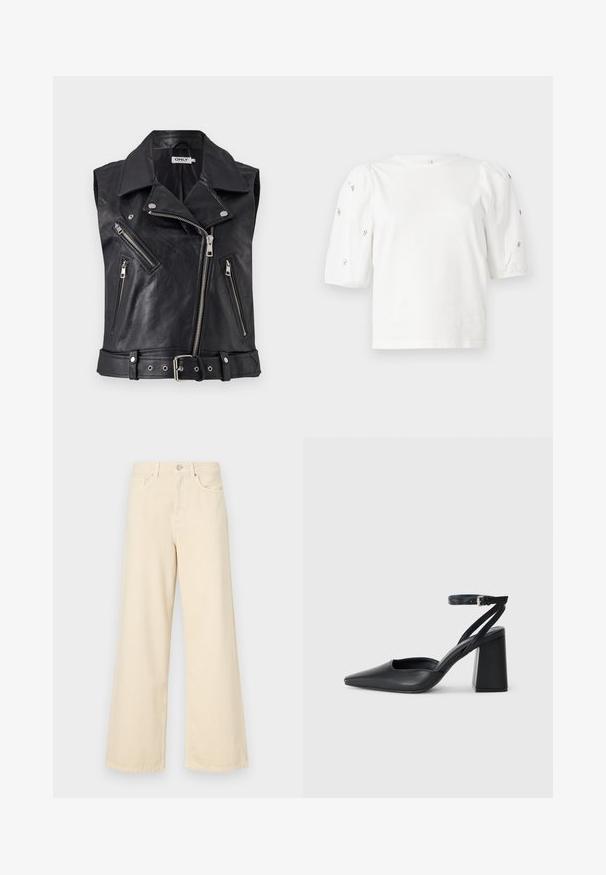Juodas odinis be rankovių motociklininko liemeniukas su apykakle, keliais užtrauktukais užsegamais kišenėmis ir diržu juosmeniui. Textūruotas paviršius ir metaliniai akcentai.; Balta medvilnės marškinėliai trumpomis pūstomis rankovėmis, papuošti mažomis sidabrinėmis detalėmis ant rankovių. Klasikinis apvalus iškirpimas, laisvas siluetas.; Bežinės plačios kojos džinsai, pagaminti iš medvilnės. Turintys sagos uždarymą, diržo kilpas ir priekinės kišenes su lygia, švelnia tekstūra.; Juoda odinė smailiagalė aukštakulnio bateliai su kulkšnies dirželiu ir storu kulnu. Lygus paviršius, elegantiškas dizainas ir minimalistiška estetinė.