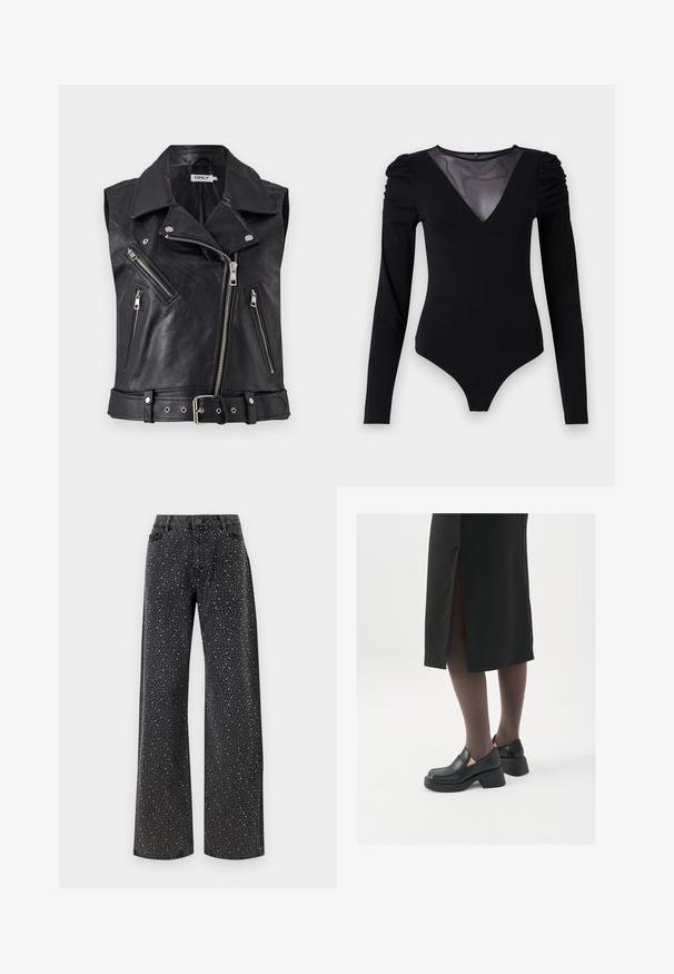 Musta nahkainen hihaton biker-vesti, jossa on kaulus, useita vetoketjutaskuja ja vyöllä varustettu vyötärö. Karkea pinta ja metalliset yksityiskohdat.; Musta body, jossa on pitkät hihat, verkko V-aukko ja rypytetty olkapäädetalji. Silkkinen kangas, joka muotoilee vartalon.; Noisy May NMJANNEL LOOSE - Relaxed fit -farkut - black denim; Mustat nahkakengät pyöreällä kärjellä, paksulla lohkopohjalla ja joustavilla sivuakkesseilla, yhdistettynä tummiin sukkahousuihin ja mustaan hameeseen, jossa on halkio.