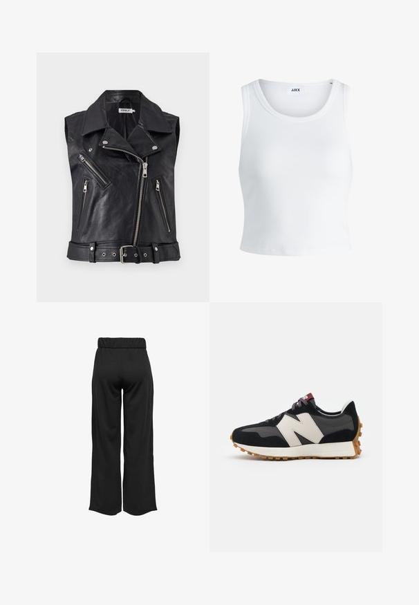 Zwarte leren mouwloze biker vest met een kraag, meerdere ritszakken en een ceintuur in de taille. Textuuroppervlak en metalen hardware accenten.; Witte geribbelde tanktop met een ronde hals, zonder mouwen en een cropped lengte. Label draagt "JJXX." Gladde stoftextuur.; Zwarte, wijde broek met een elastische tailleband, gemaakt van gladde stof. Heeft een strakke uitstraling zonder zakken of zichtbare stikseldetails.; Zwarte en grijze suède sneaker met een groot crèmekleurig "N"-logo, paarse veters en een gestructureerde rubberen zool van gum.
