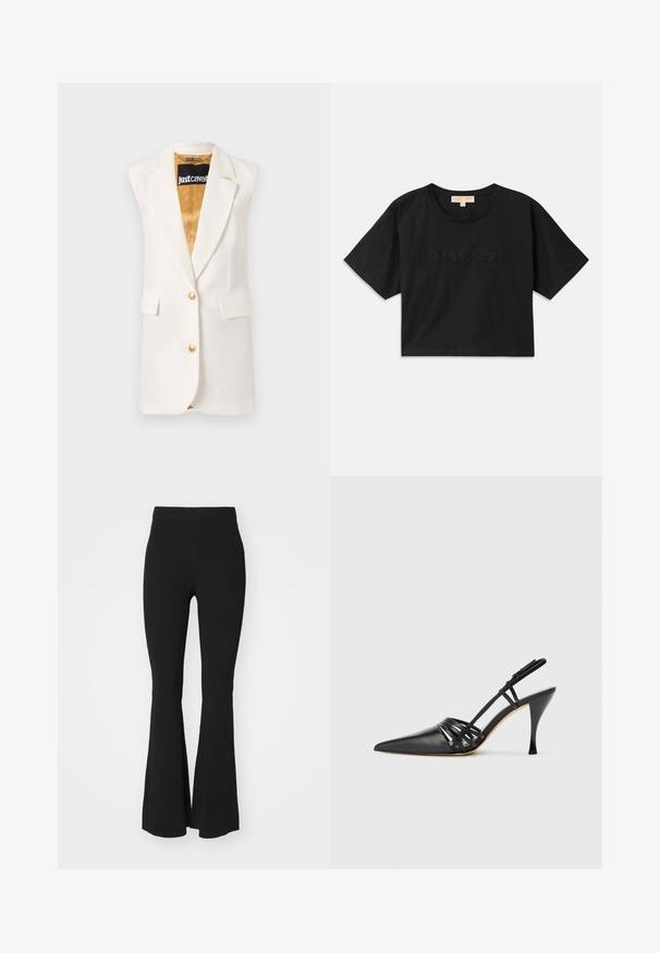 Valge ilma varrukateta bleiser, mis on valmistatud siledast kangast, omades kuldseid nuppe, kahte esi-taskut ja kontrastset kuldset voodrit.; Must have mustakroot särk, mis on valmistatud puuvillast. Omab ümmargust kaelust ja lühikesi varrukaid. Ees on sama värviga tikitud "MICHAEL KORS".; Mustad laiad püksid, mis on valmistatud venivast kangast, kõrge vöökoha ja sileda, kaunistusteta pinnaga. Lihtne ja kehaümber kootud disain.; Must musta kõrgtehnoloogiline suss, terava ninaga, ristcross rihmade disainiga ja õhukese stilettokontsaga. Sile tekstuur ja minimaalne kaunistus.